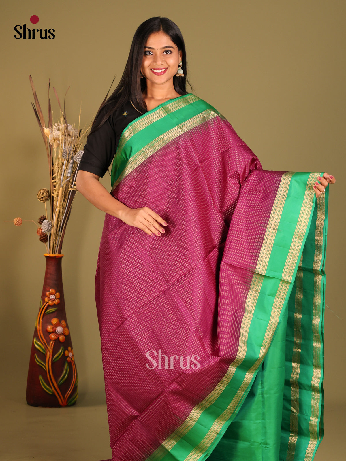 Maroon & Green  Soft Silk  Saree with zari kattam & Rettaipet border - Shop on Shrus.com