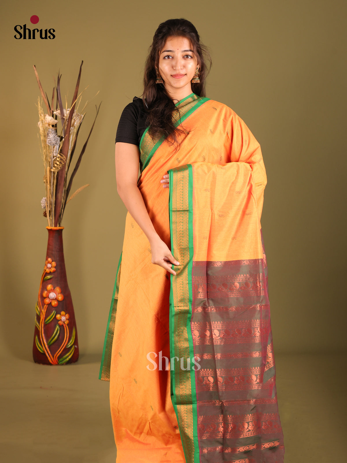 Pale Orange & Green- Kalyani Cotton Saree - Shop on Shrus.com