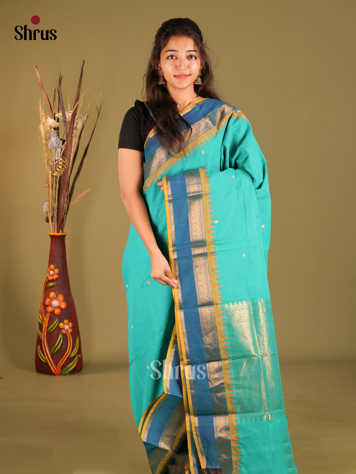 Teal & Yellow - Chettinad Cotton Saree
