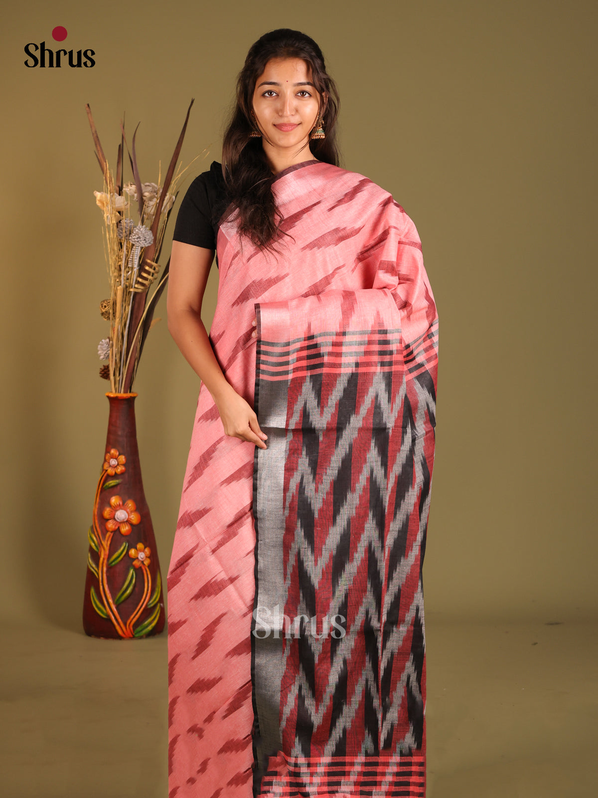 Pink & Grey- Semi Ikkat Saree - Shop on Shrus.com