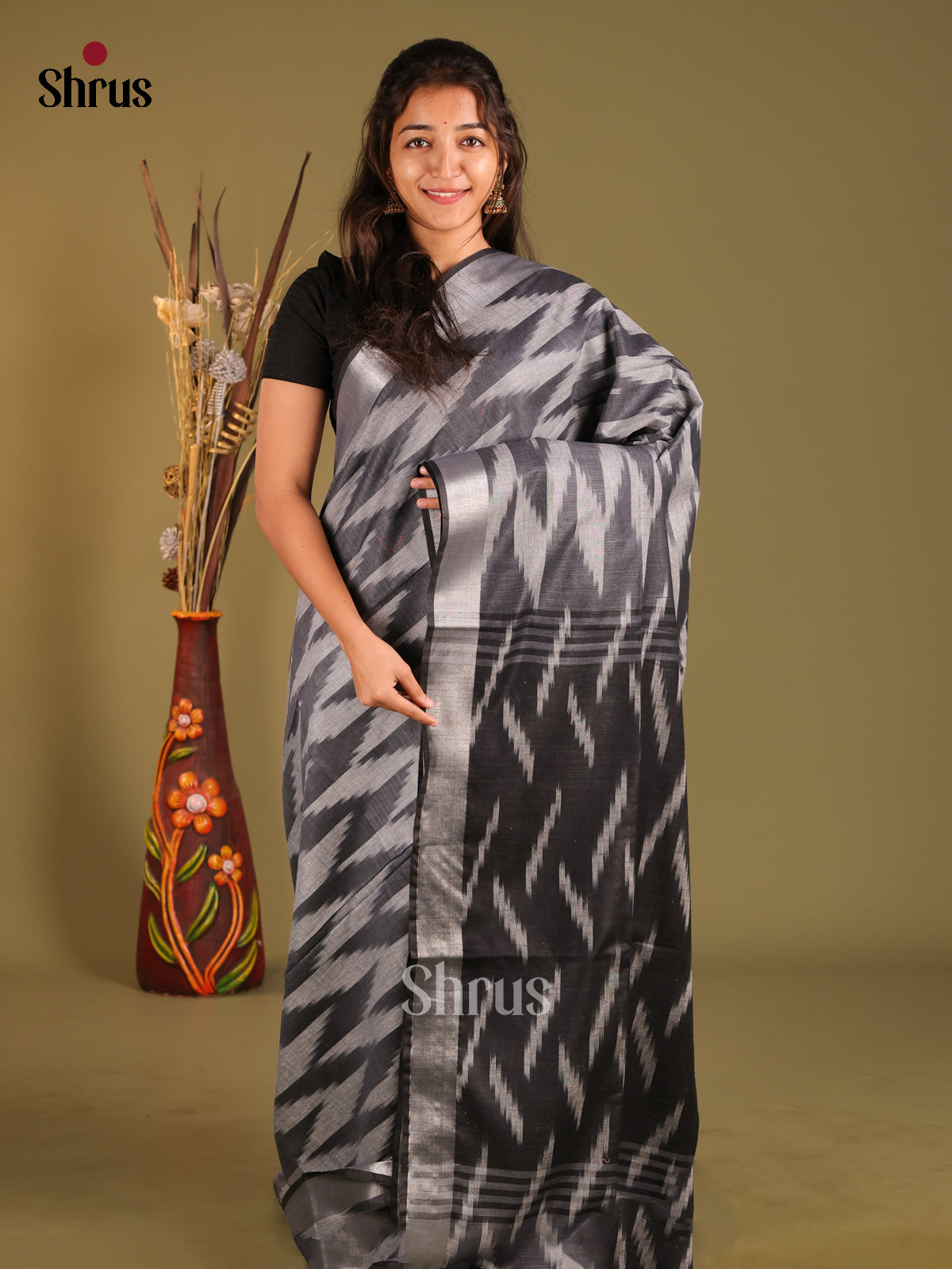 Grey & Black - Semi Ikkat Saree - Shop on Shrus.com