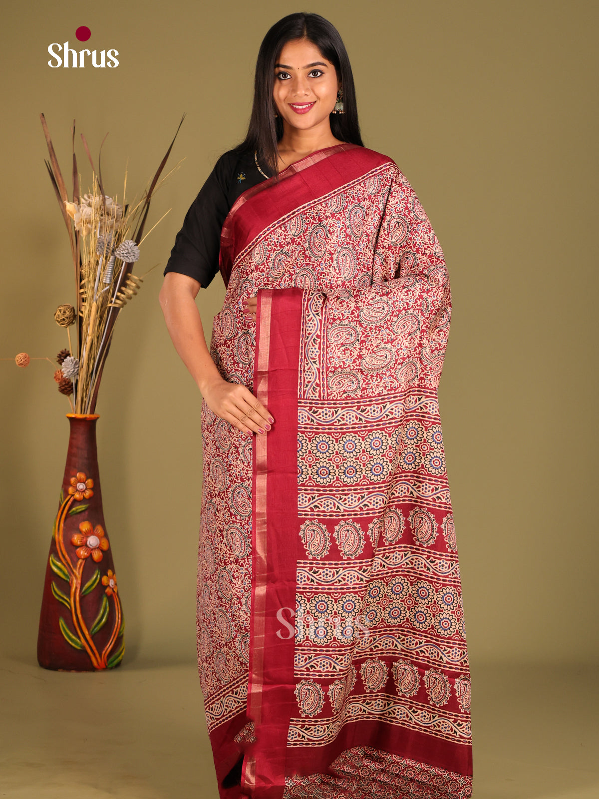 Maroon - Art Modal Saree - Shop on Shrus.com