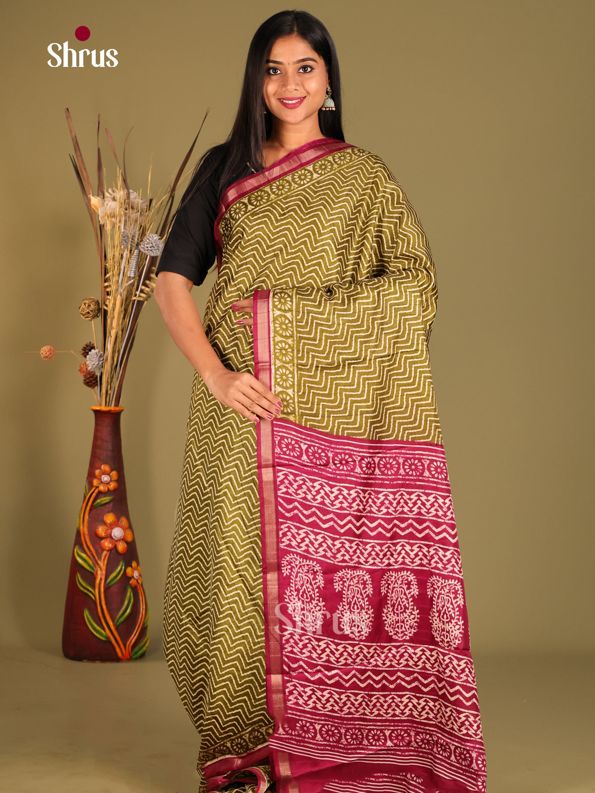Green & Maroon - Art Modal Saree - Shop on Shrus.com