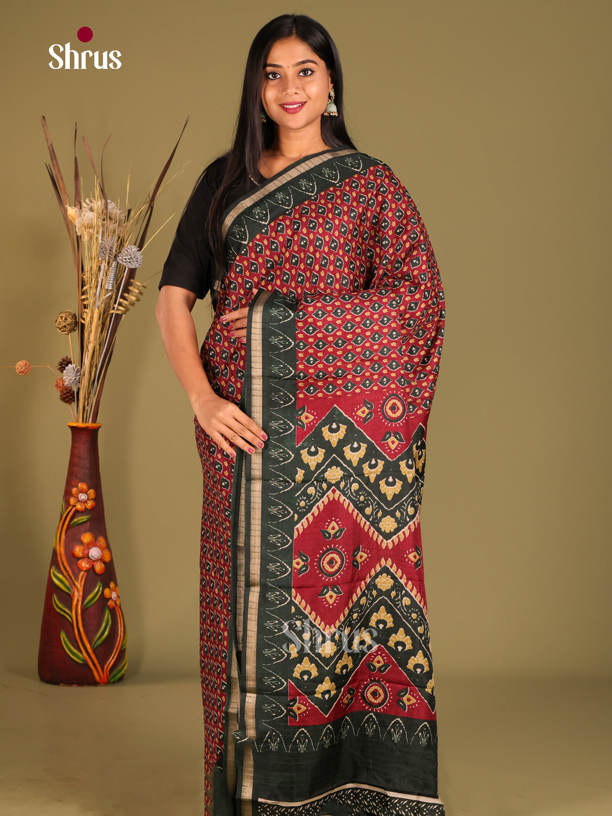 Maroon & Green - Art Modal Saree - Shop on Shrus.com