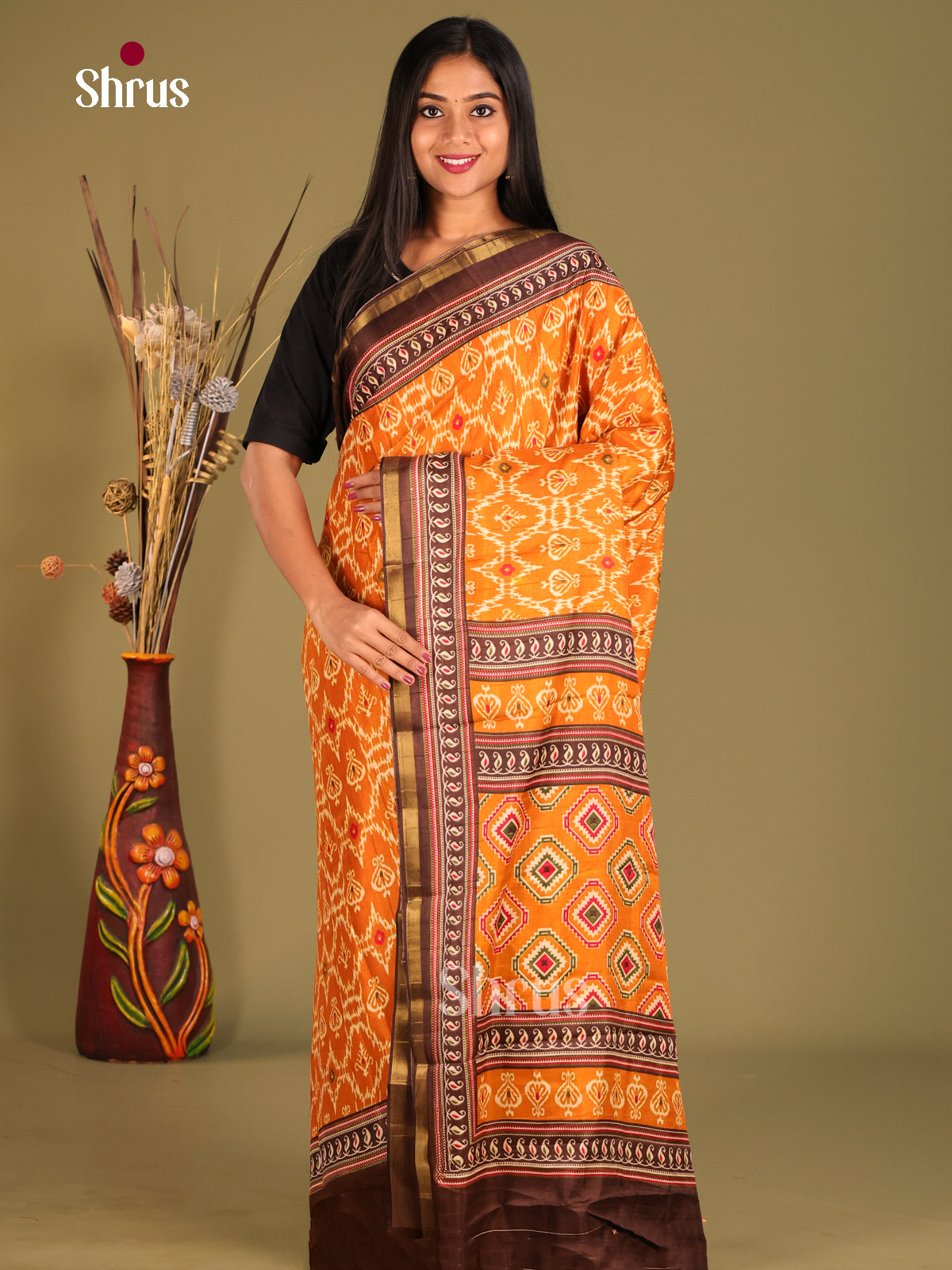 Orange & Brown- Art Modal Saree - Shop on Shrus.com