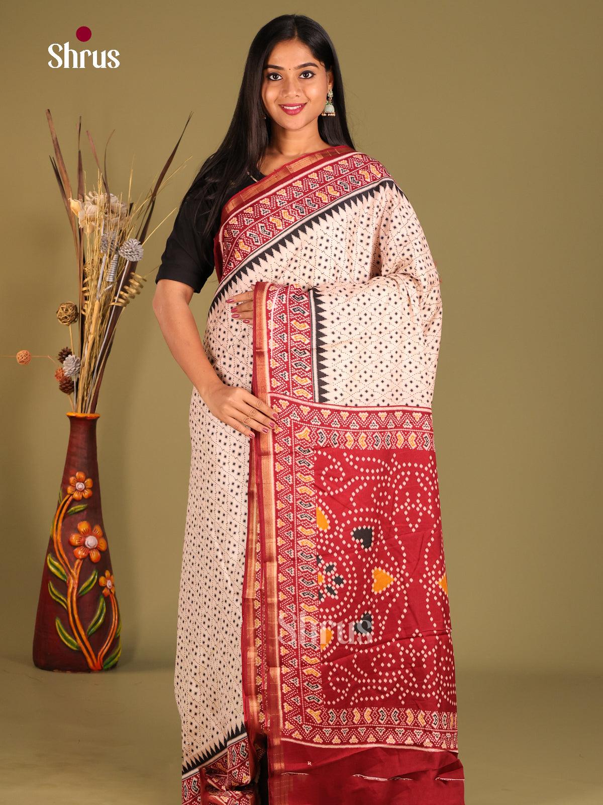 Cream & Maroon - Art Modal Saree