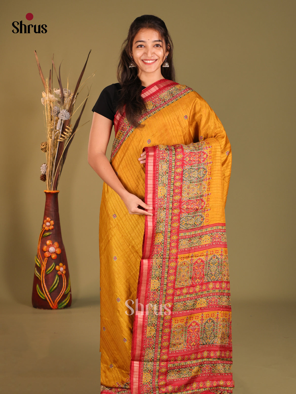 Mustard & Red - Art Modal Saree - Shop on Shrus.com