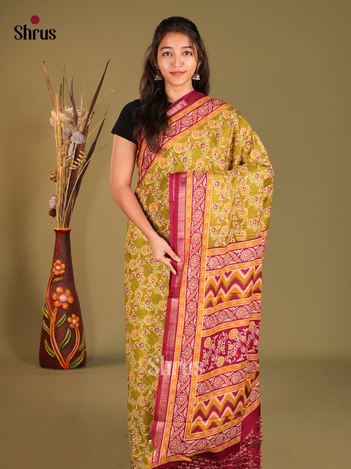 Yellow & Red - Art Modal Saree - Shop on Shrus.com