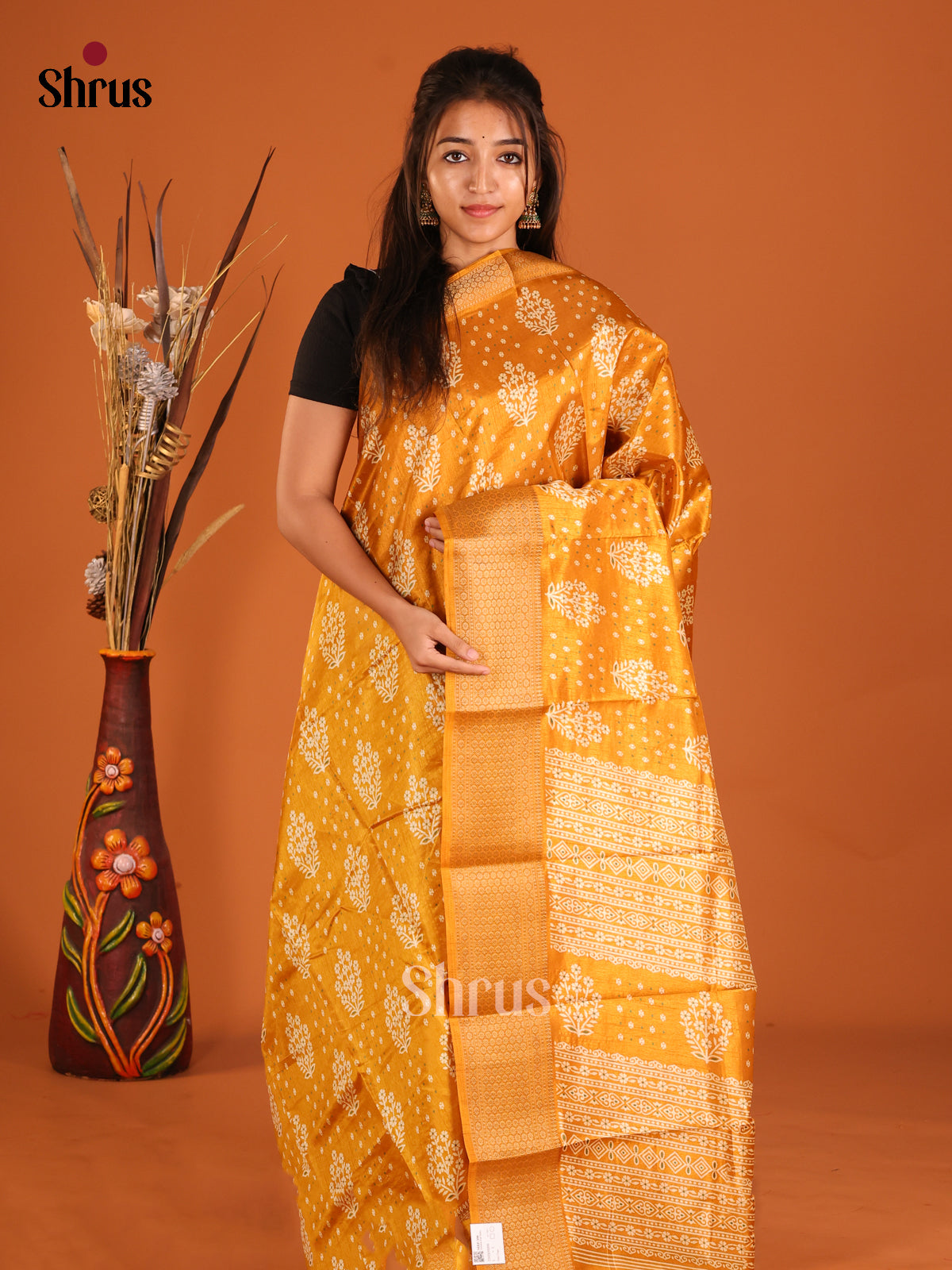 Mustard  - Semi Crepe Saree - Shop on Shrus.com