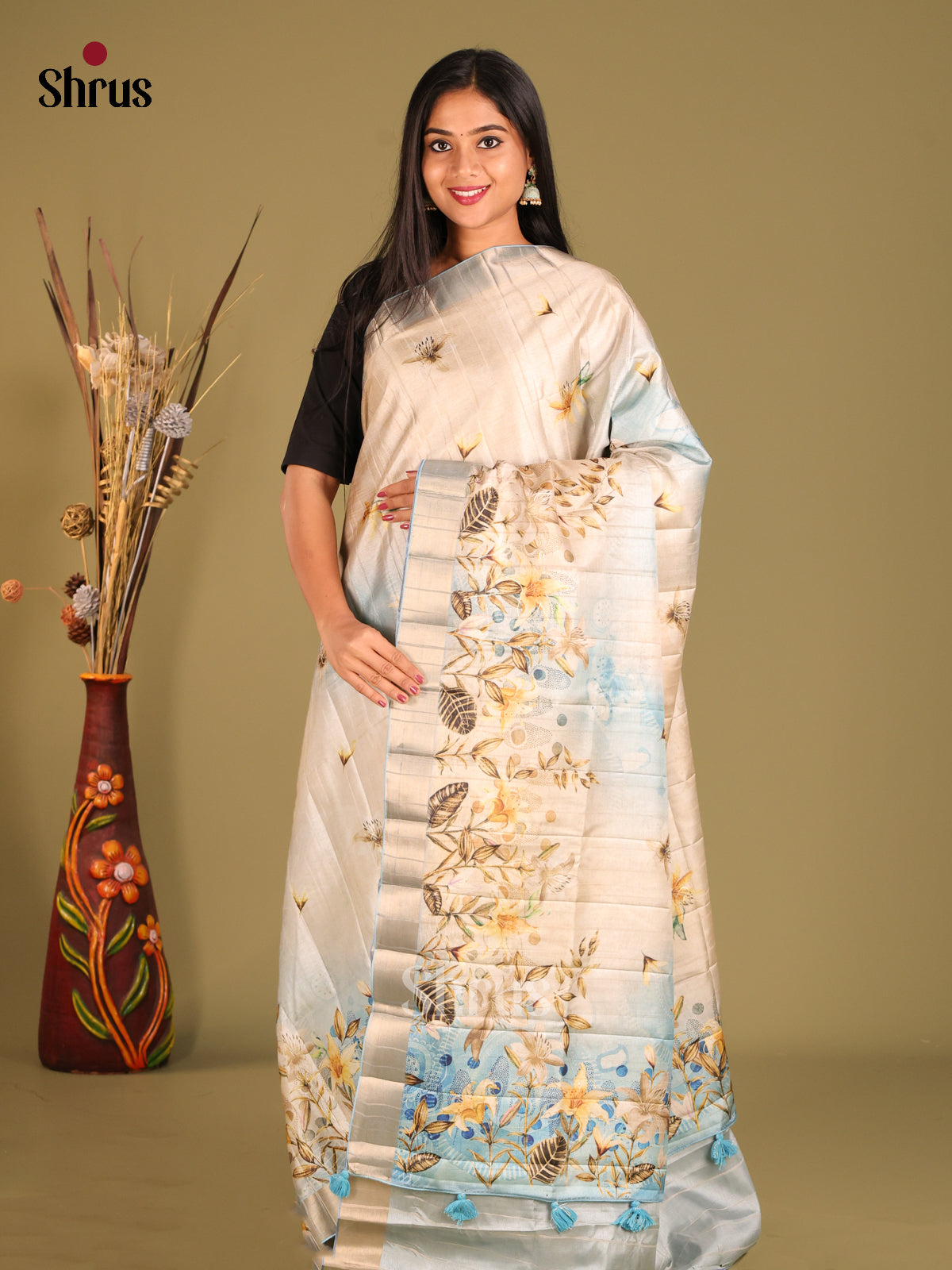 Cream & Blue - Semi matka Saree