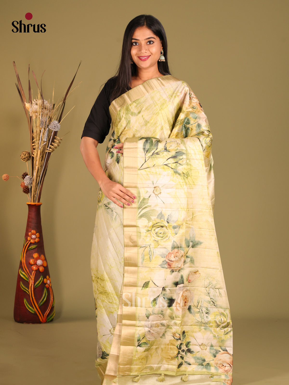Cream & Light Green- Semi matka Saree