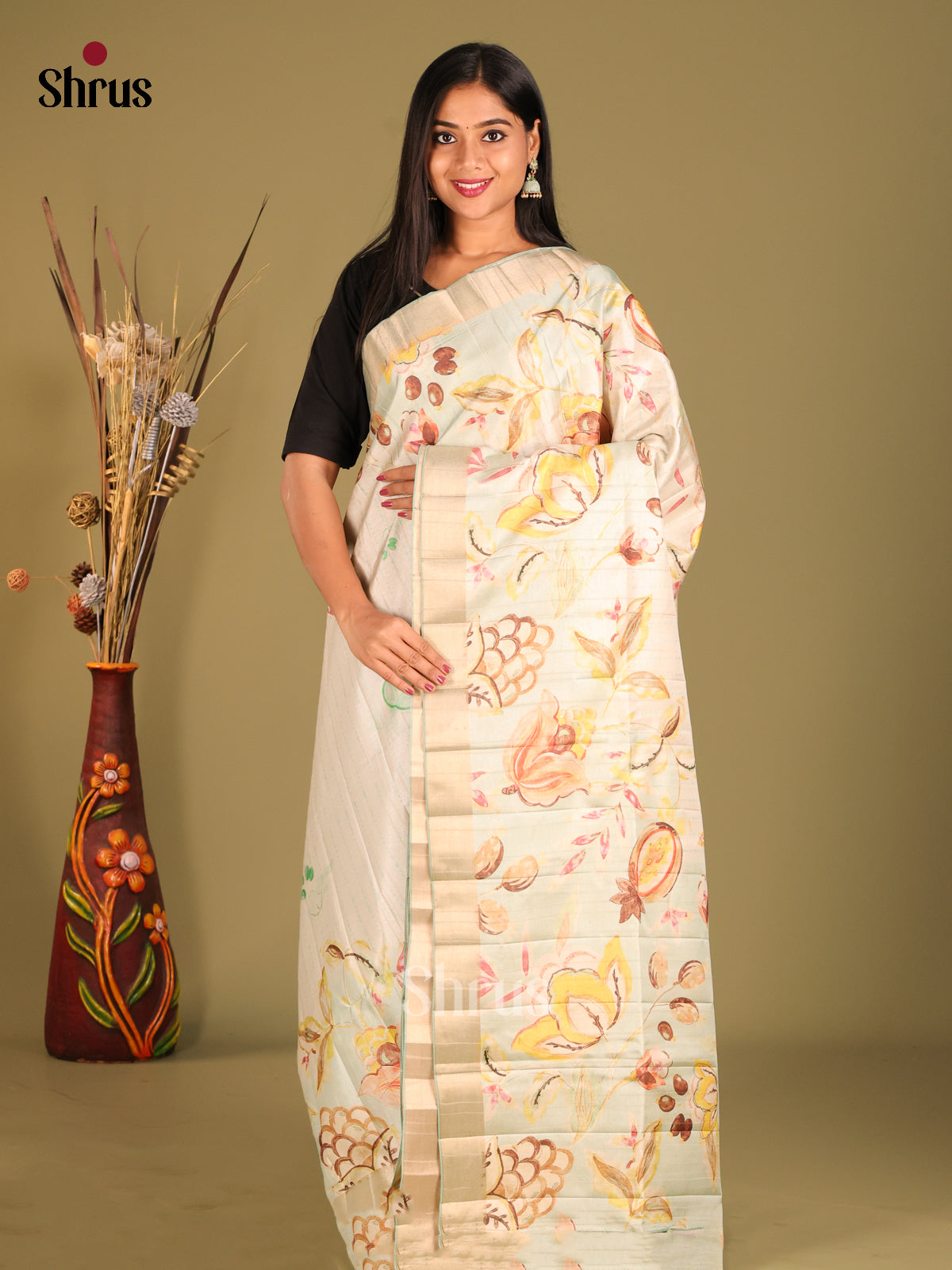 Cream & Light Blue- Semi matka Saree