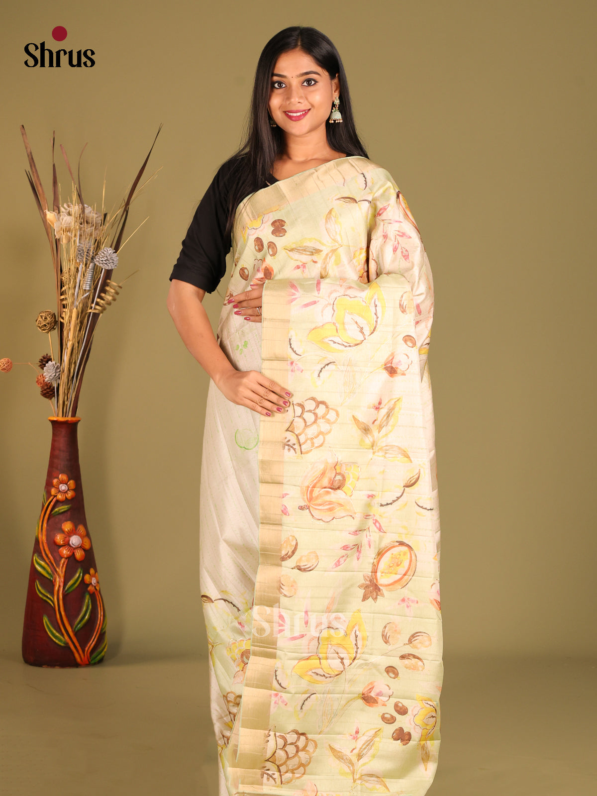 Cream & Green- Semi matka Saree