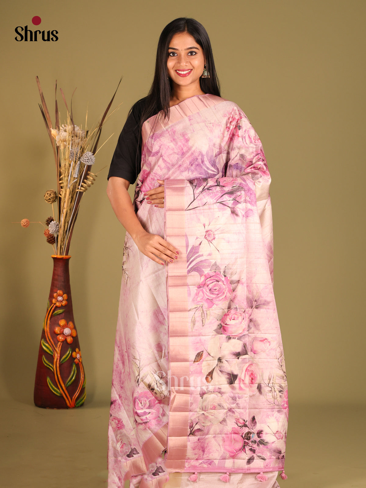 Cream & Pink - Semi matka Saree