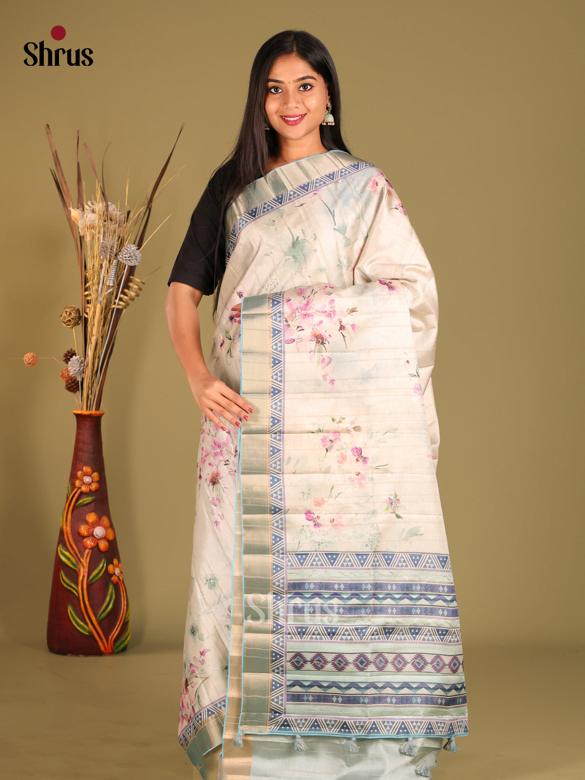 Cream & Blue - Semi matka Saree