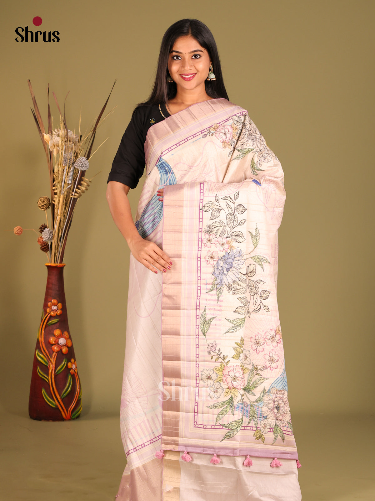 Cream & Mild Lavender - Semi matka Saree