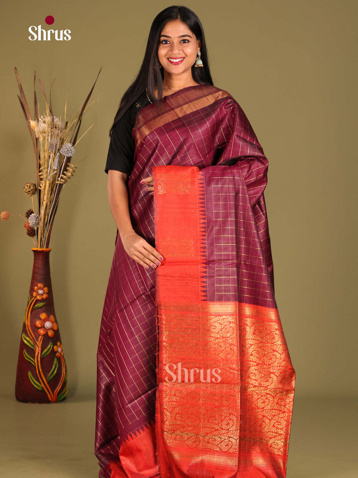  maron and orange -Raw silk saree