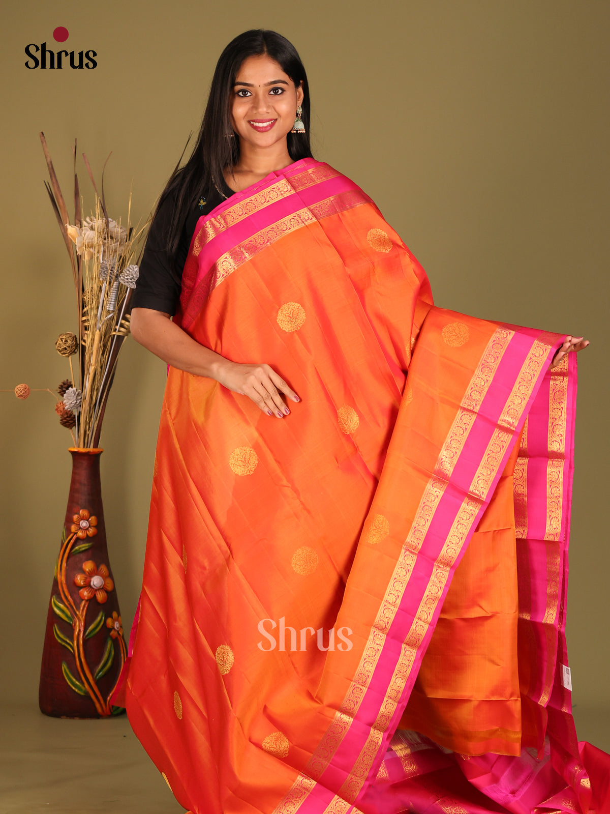 Radiant Orange Kanjivaram Silk Saree with Zari Buttas & Pink rettaipet border -1