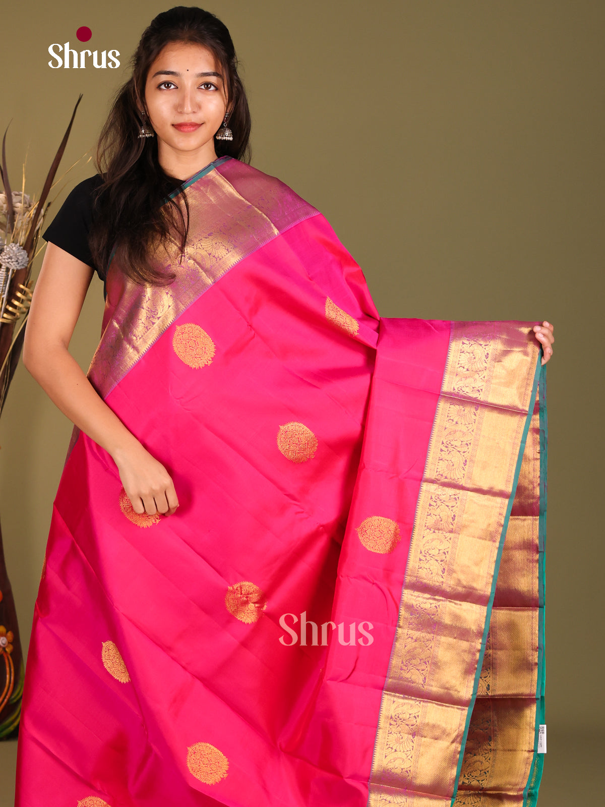 Opulent Deep Pink Kanjivaram Saree with golden floral motifs & Teal Green Pallu -1