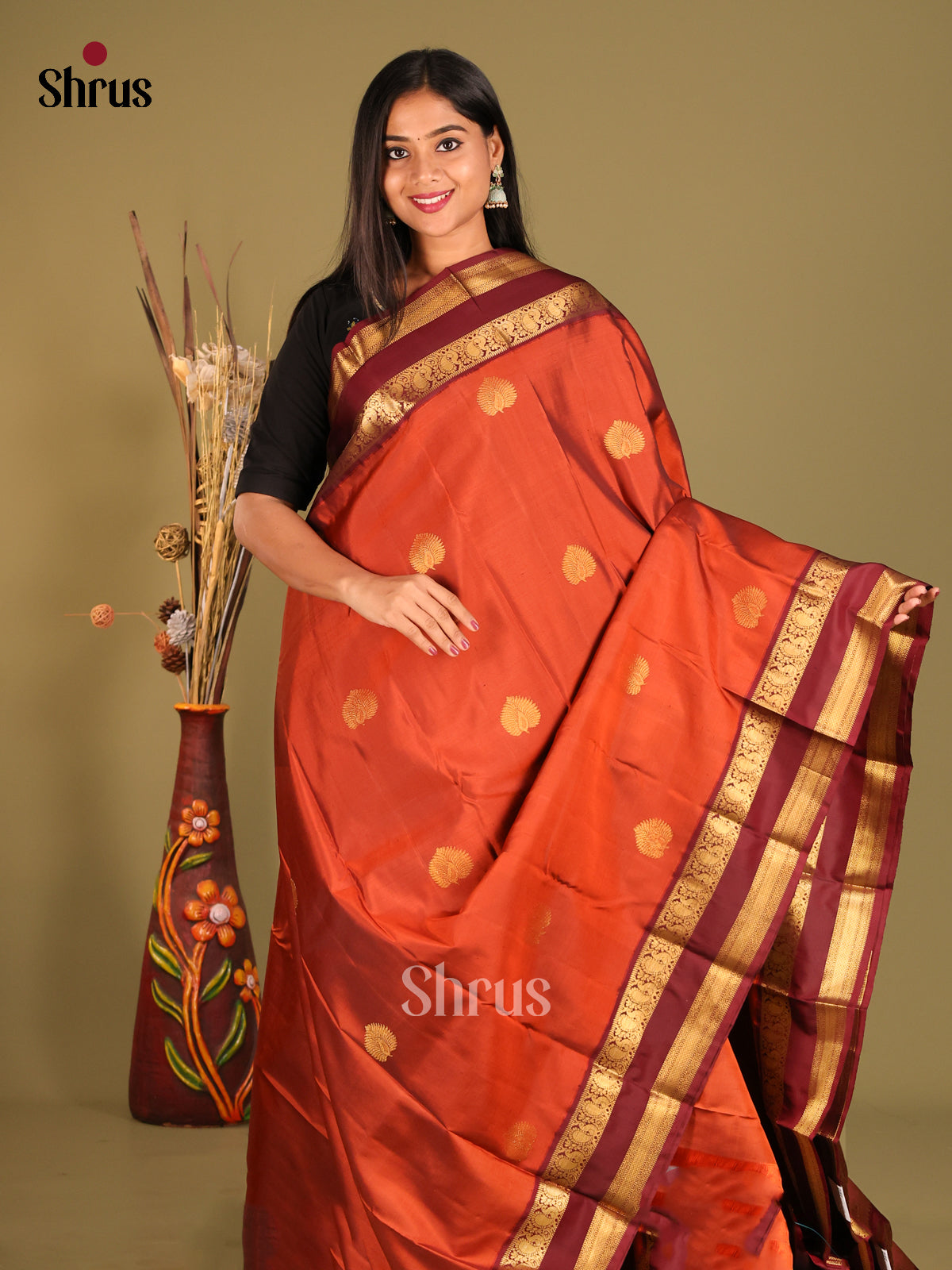 Exquisite Rust Kanchipuram Saree with Golden Buttas & Maroon rettaipet zari border - Shop on Shrus.com