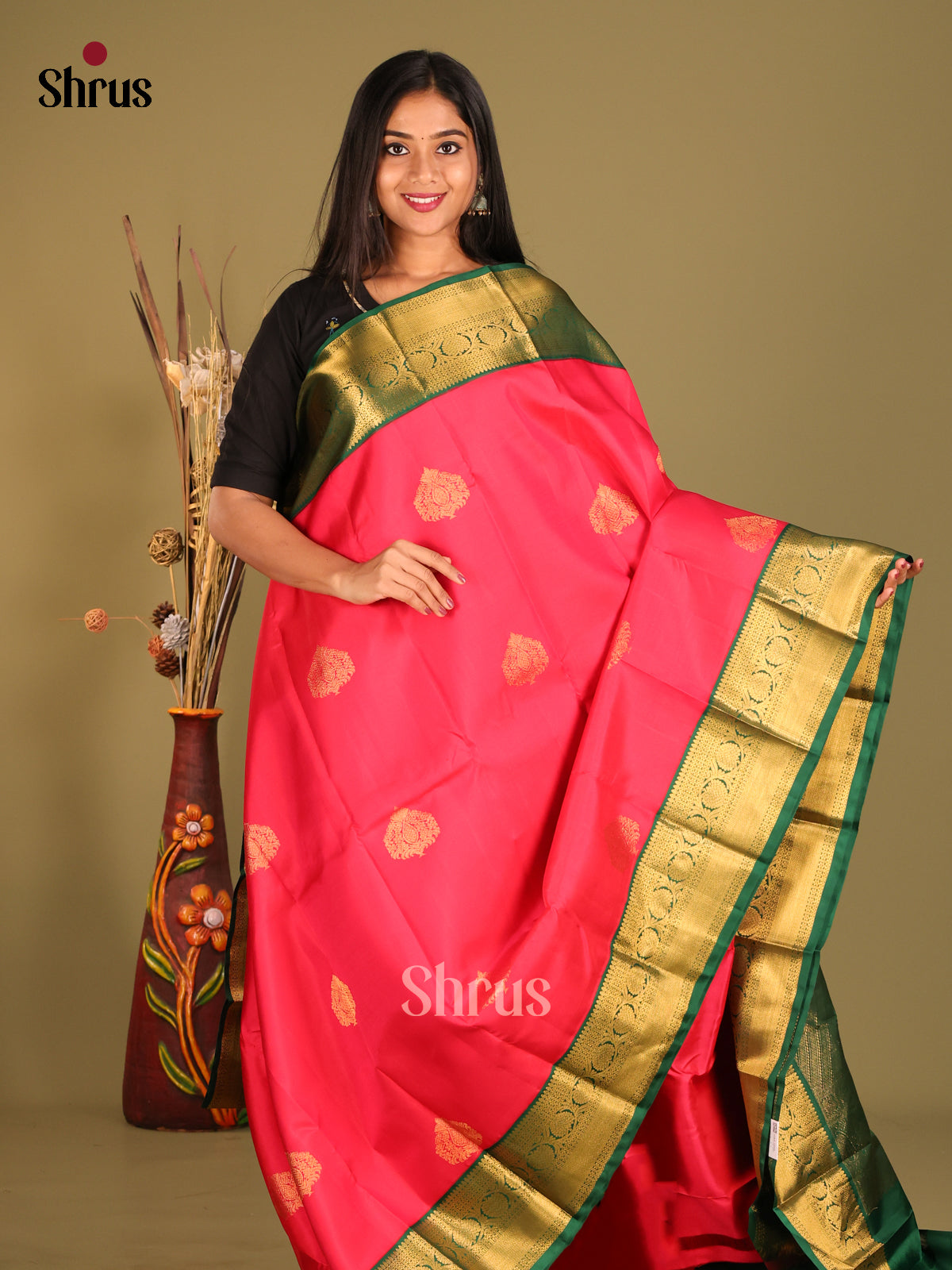 Timeless Pink Kanchipuram Saree with floral motifs & Green Zari Border -1