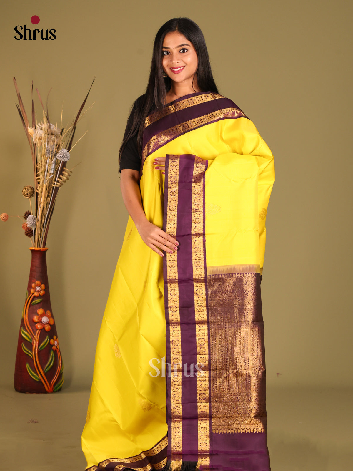Yellow & Purple Kanchipuram Korvai Butta Saree with rettaipet zari border - Shop on Shrus.com