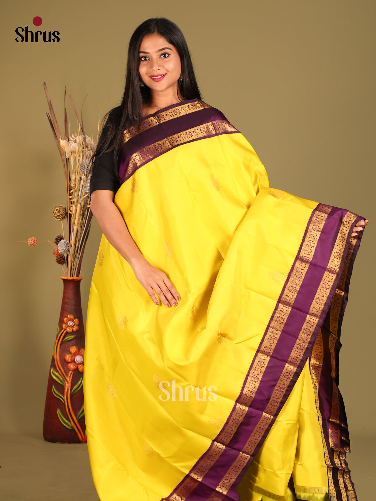 Yellow & Purple Kanchipuram Korvai Butta Saree with rettaipet zari border - Shop on Shrus.com