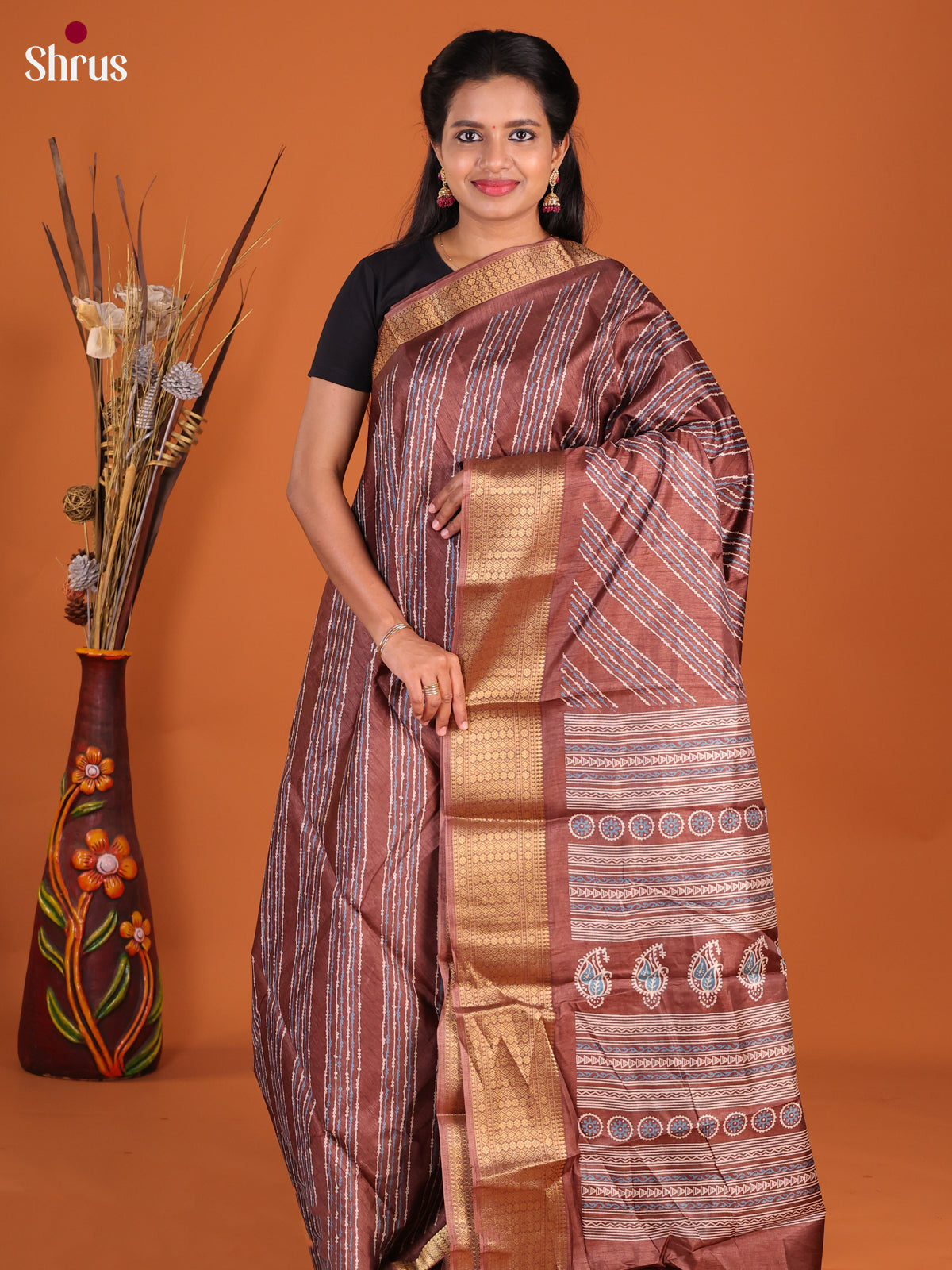 Brown - Semi Crepe Saree