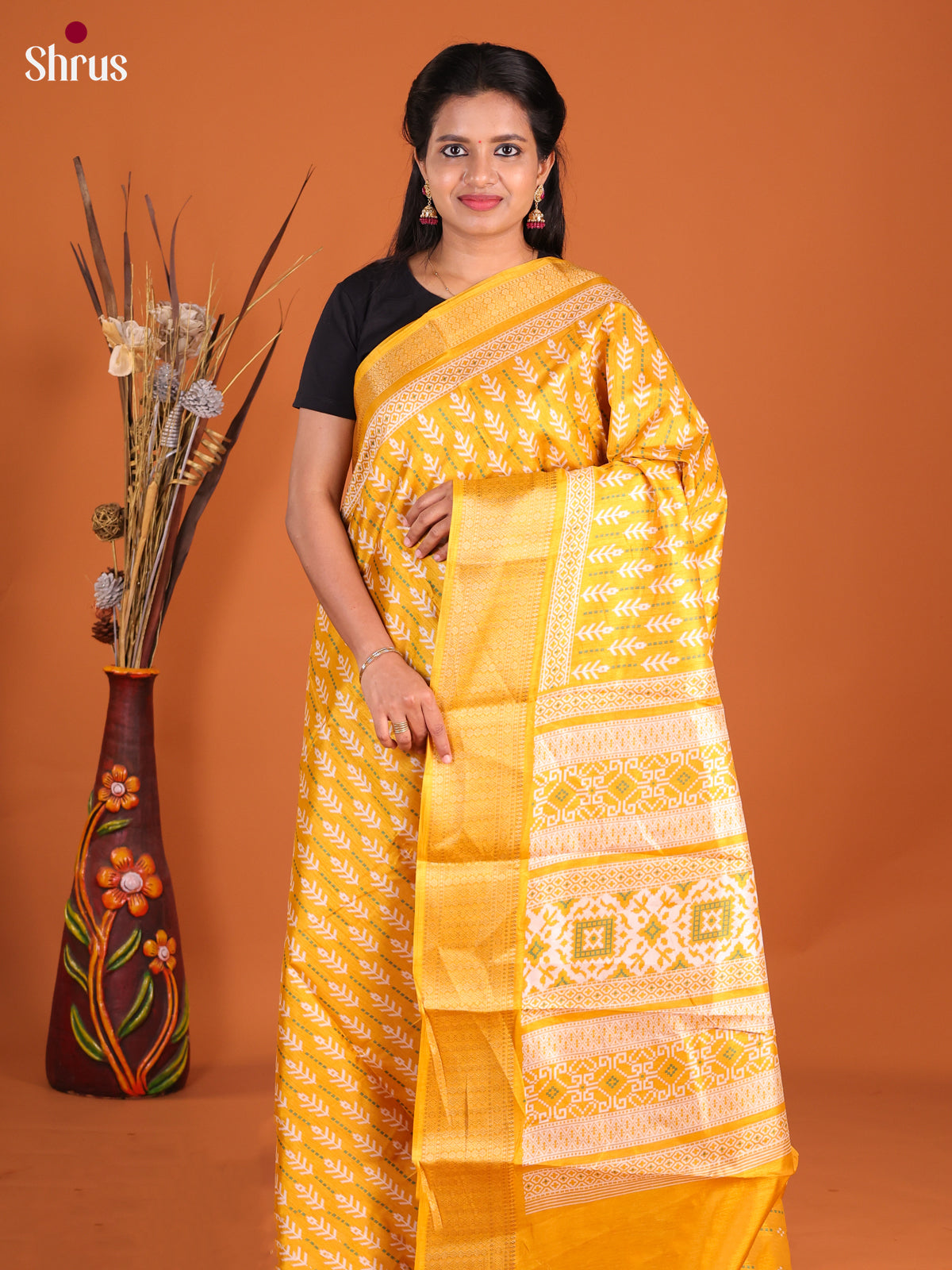 Yellow- Semi Crepe Saree - Shop on Shrus.com