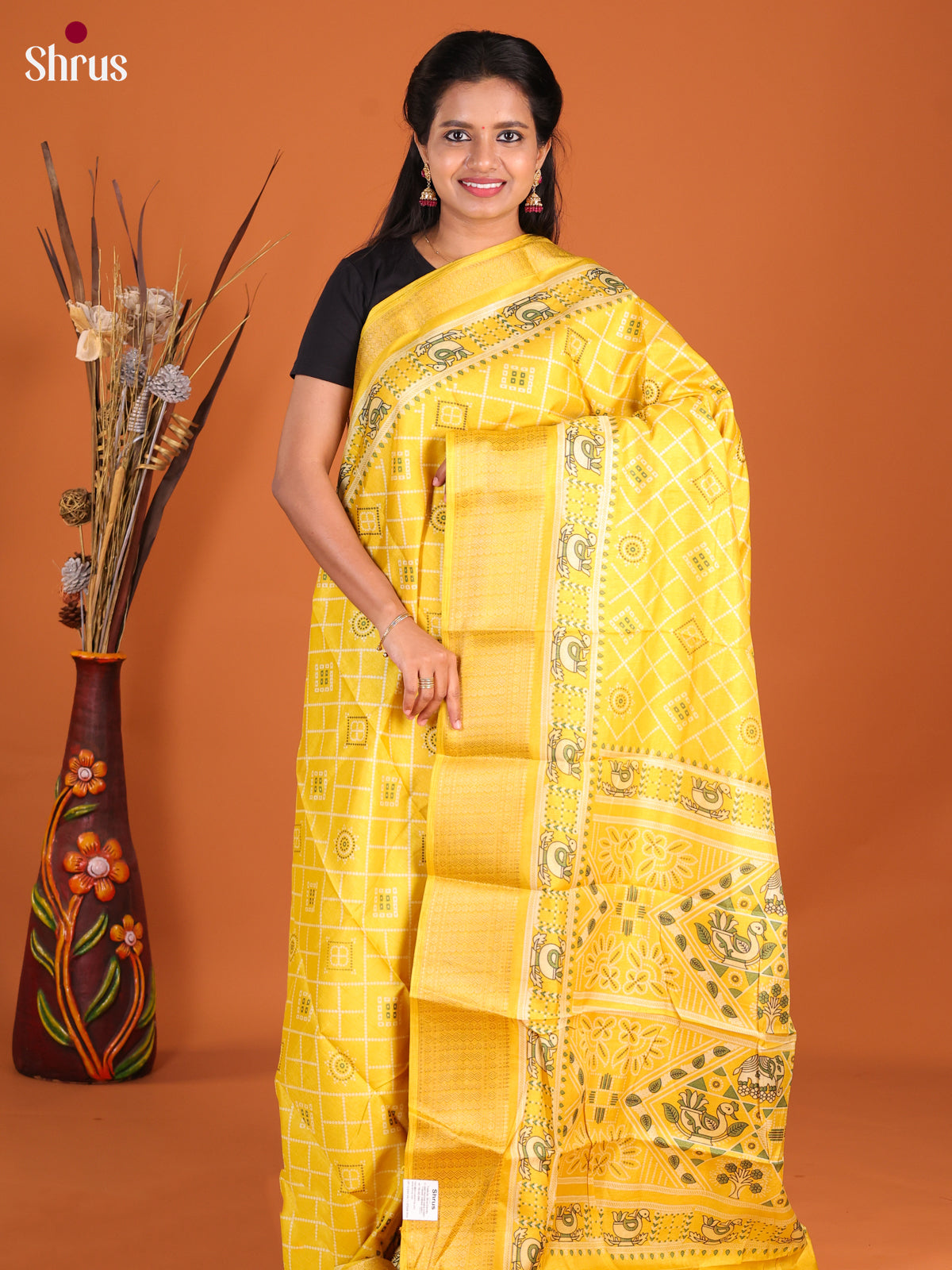 Yellow- Semi Crepe Saree - Shop on Shrus.com