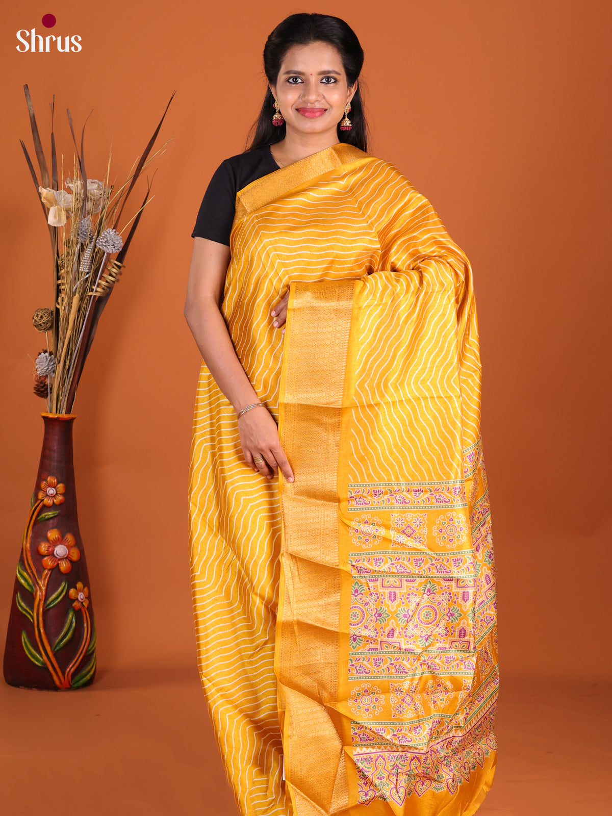 Yellow - Semi Crepe Saree - Shop on Shrus.com
