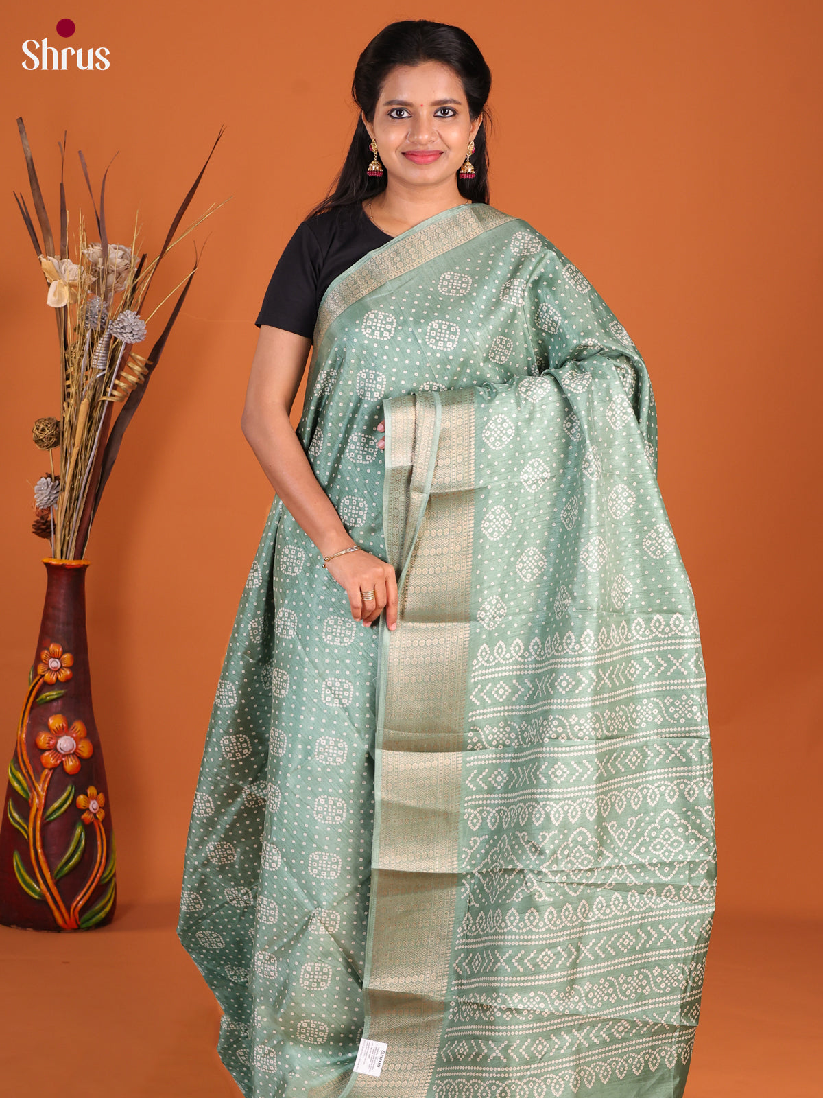 Grey Green - Semi Crepe Saree - Shop on Shrus.com