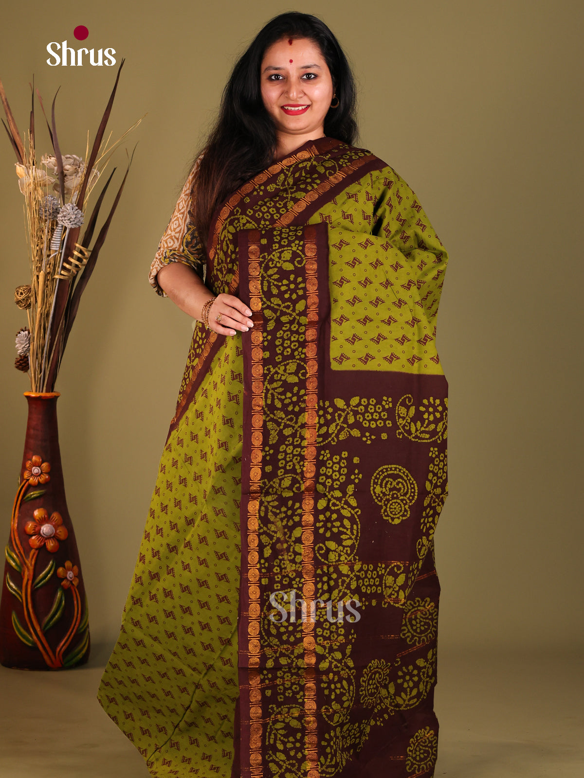 Green & Brown - Sungudi Cotton Saree - Shop on Shrus.com