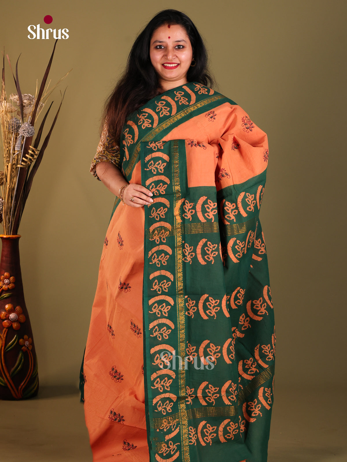 Peach & Green - Sungudi Cotton Saree - Shop on Shrus.com