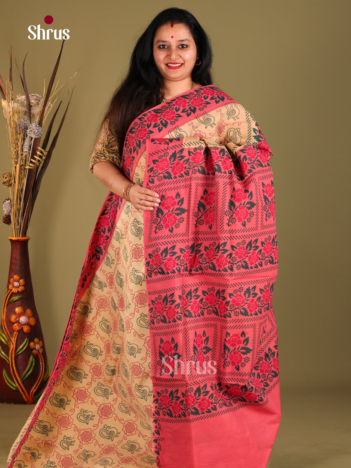 Beige & Pink - Sungudi Cotton Saree - Shop on Shrus.com