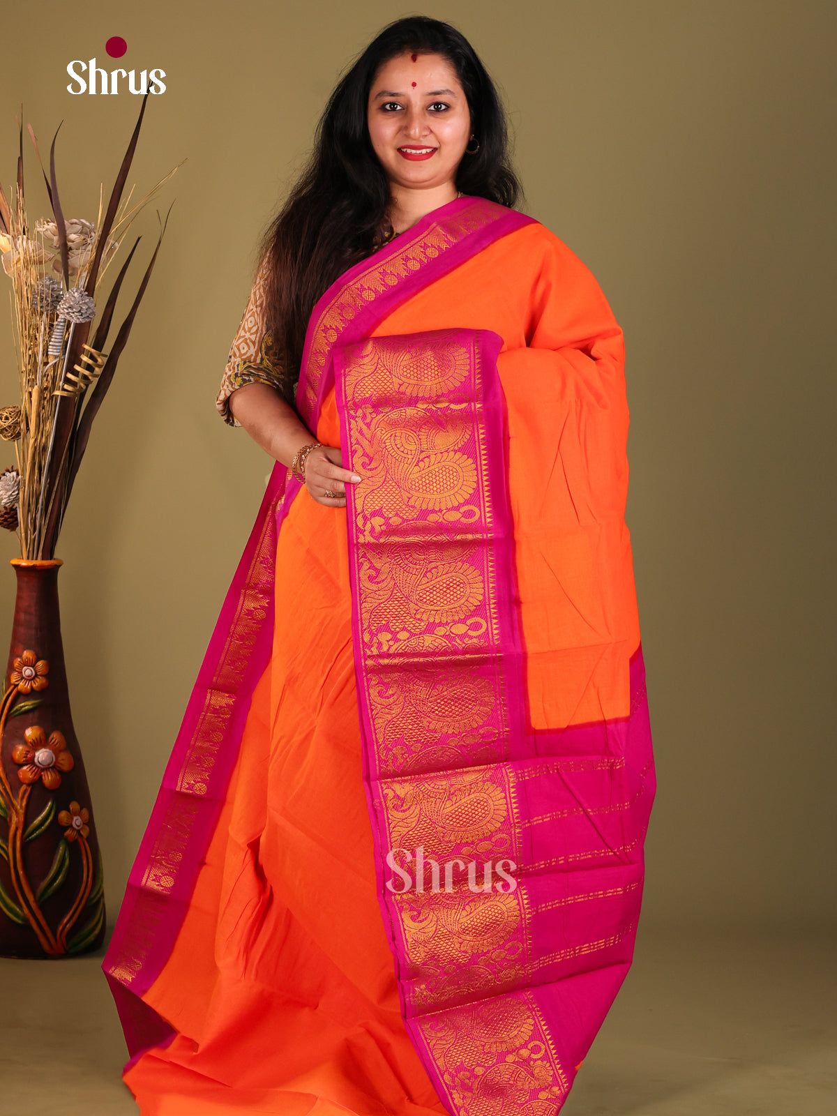 Orange & Pink - Sungudi Cotton Saree - Shop on Shrus.com