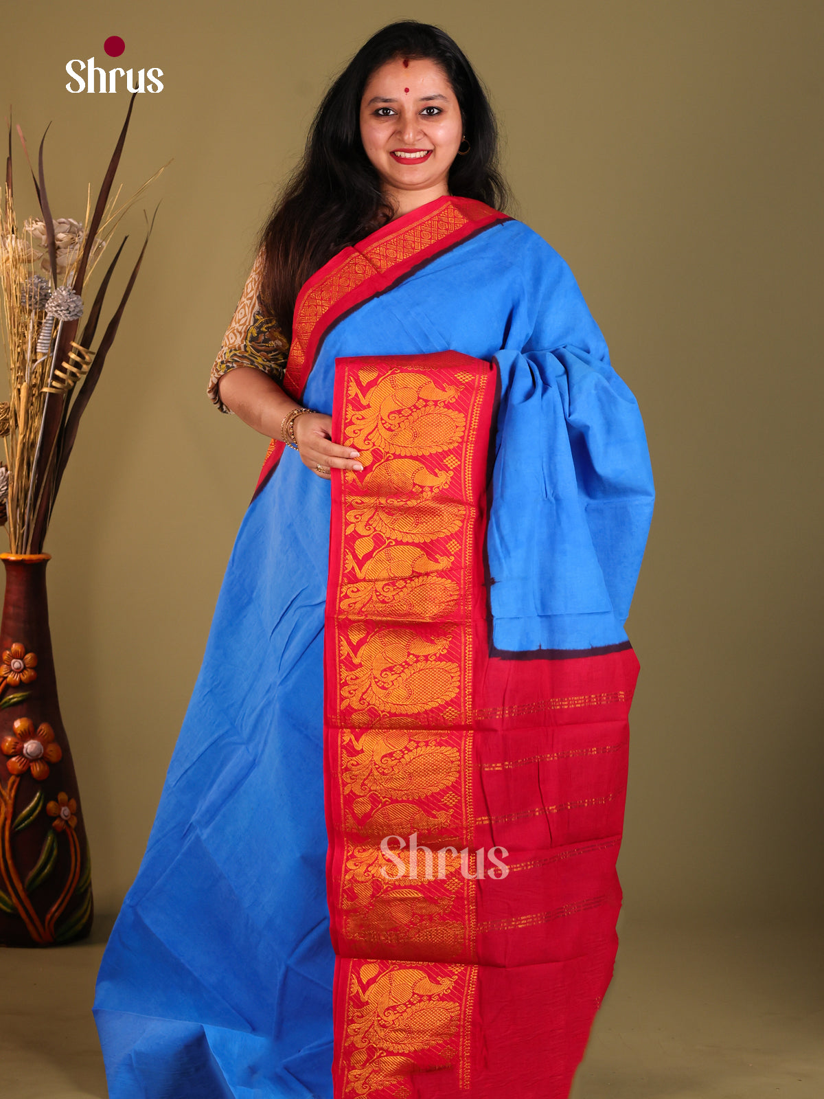 Blue & Red- Sungudi Cotton Saree