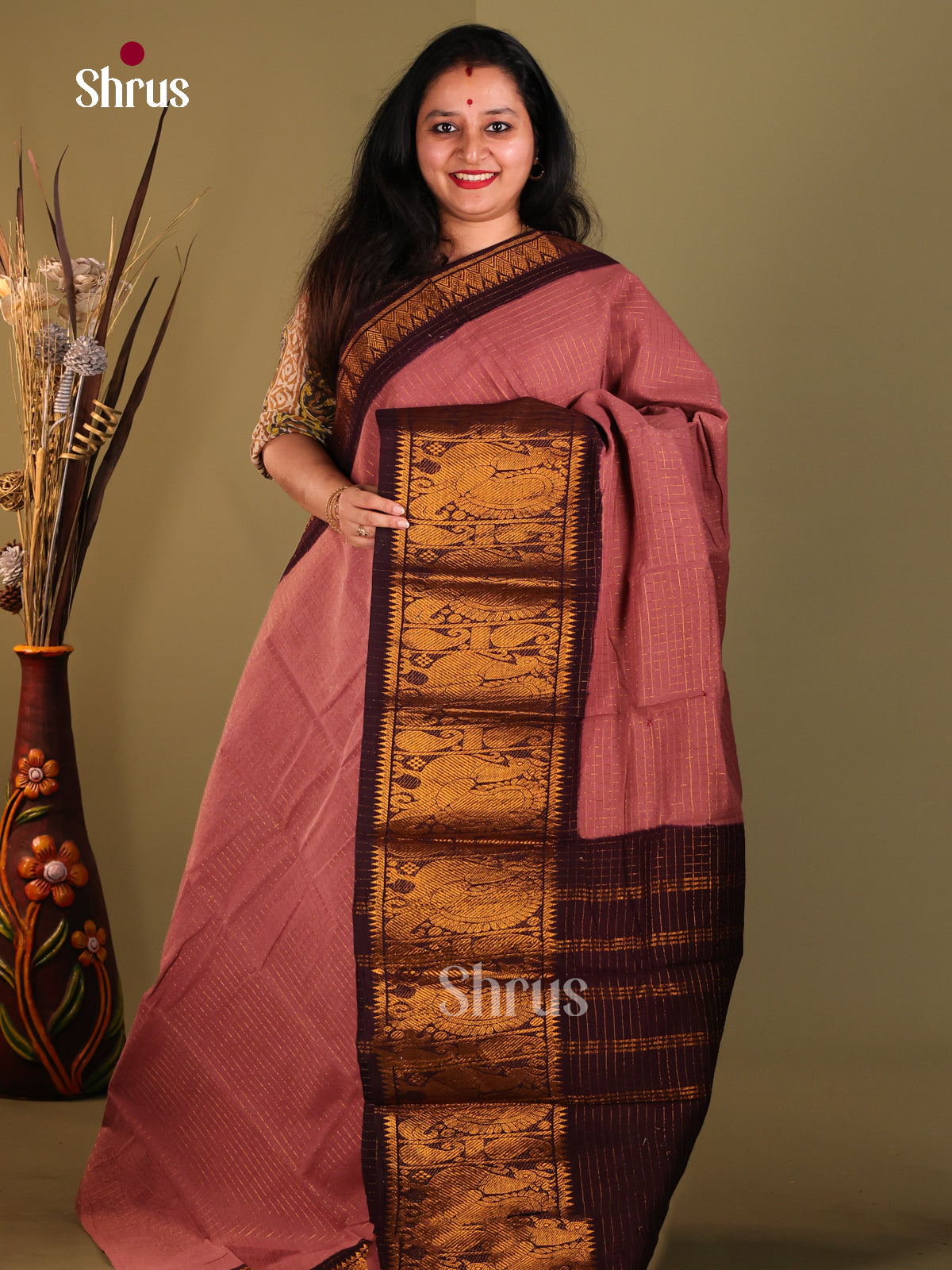Onion Pink & Brown - Sungudi Cotton Saree - Shop on Shrus.com