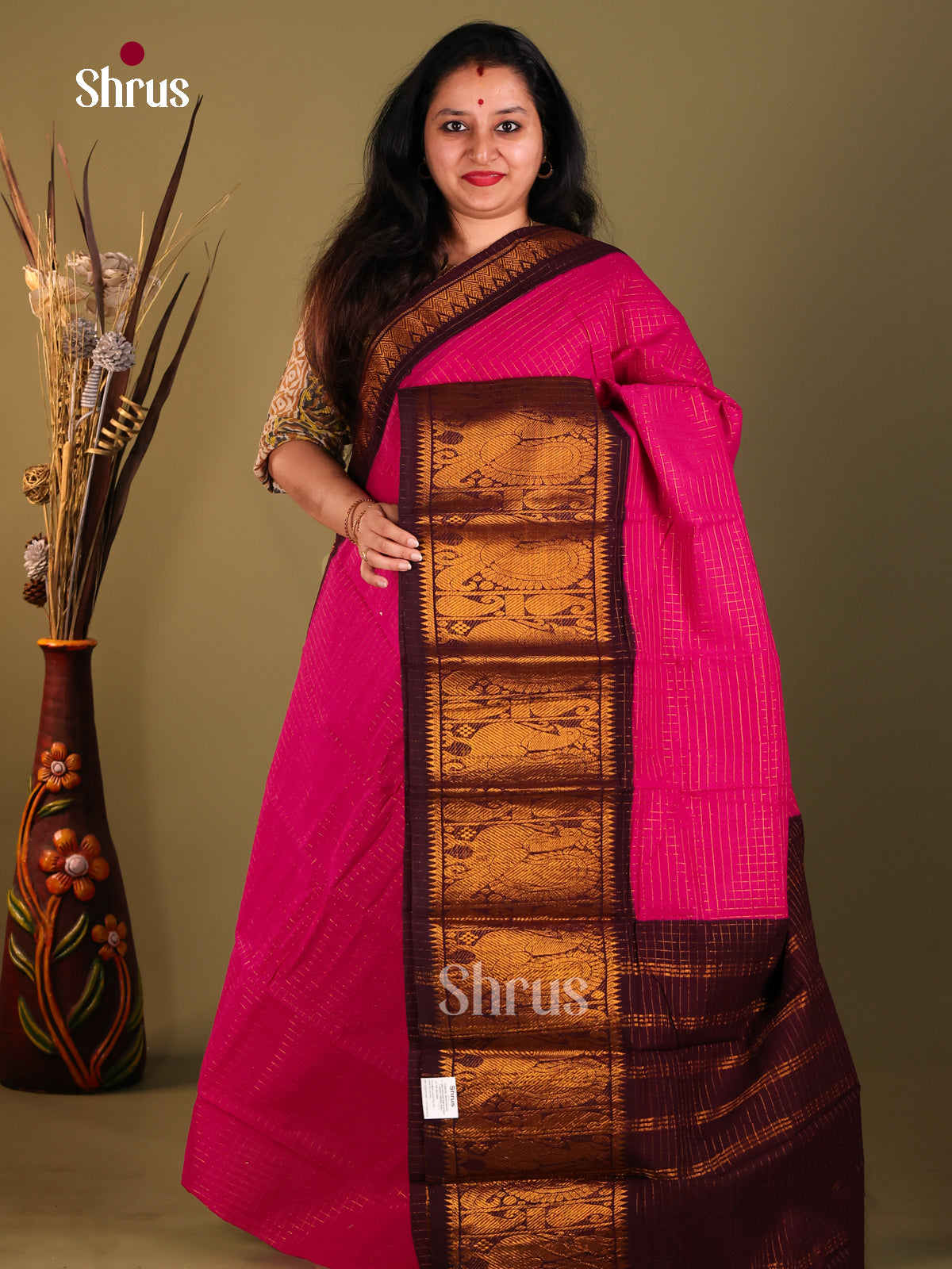 Pink & Brown - Sungudi Cotton Saree - Shop on Shrus.com