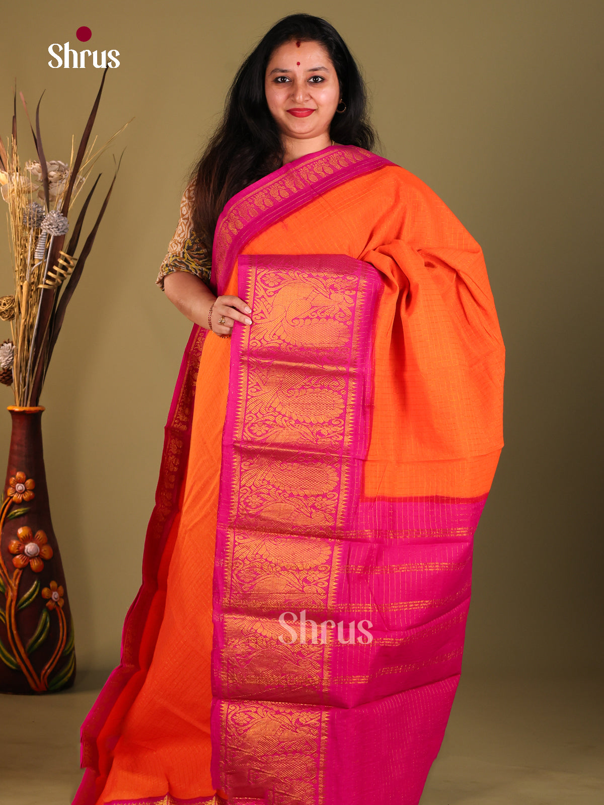 Orange & Pink - Sungudi Cotton Saree - Shop on Shrus.com