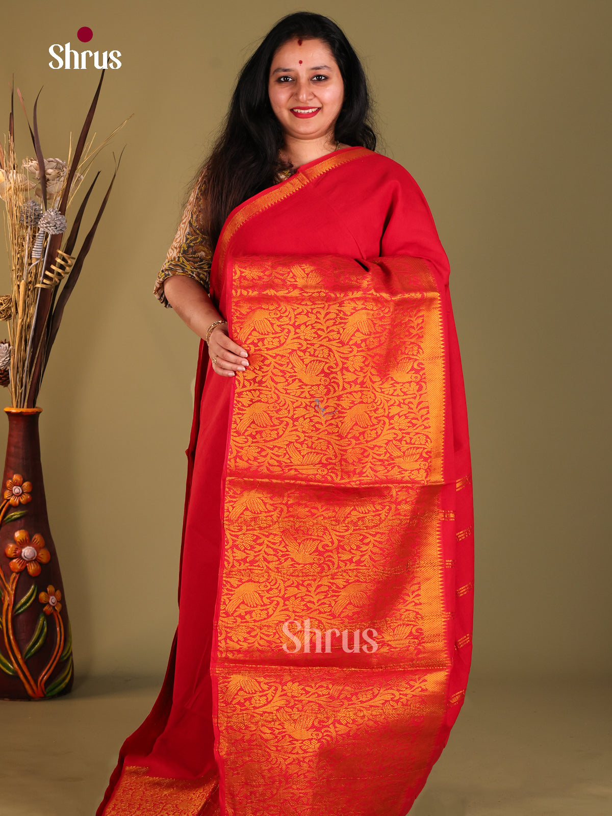 Red- Sungudi Cotton Saree - Shop on Shrus.com
