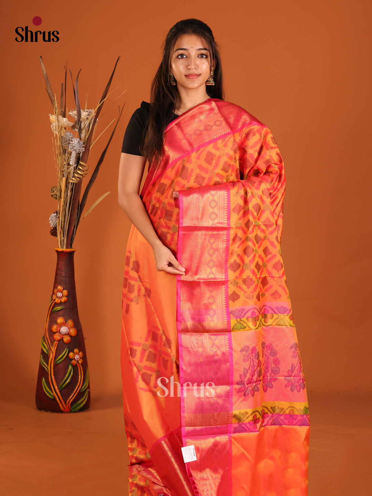 Orange & Pink- Semi Pochampally Saree - Shop on Shrus.com