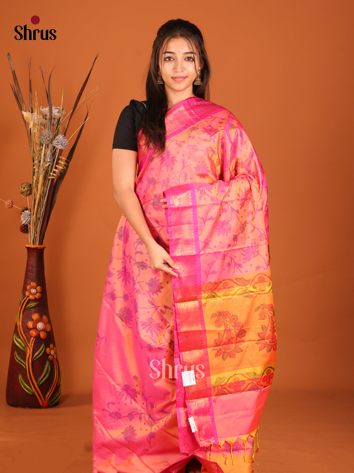 Peach & Pink - Semi Pochampally Saree - Shop on Shrus.com