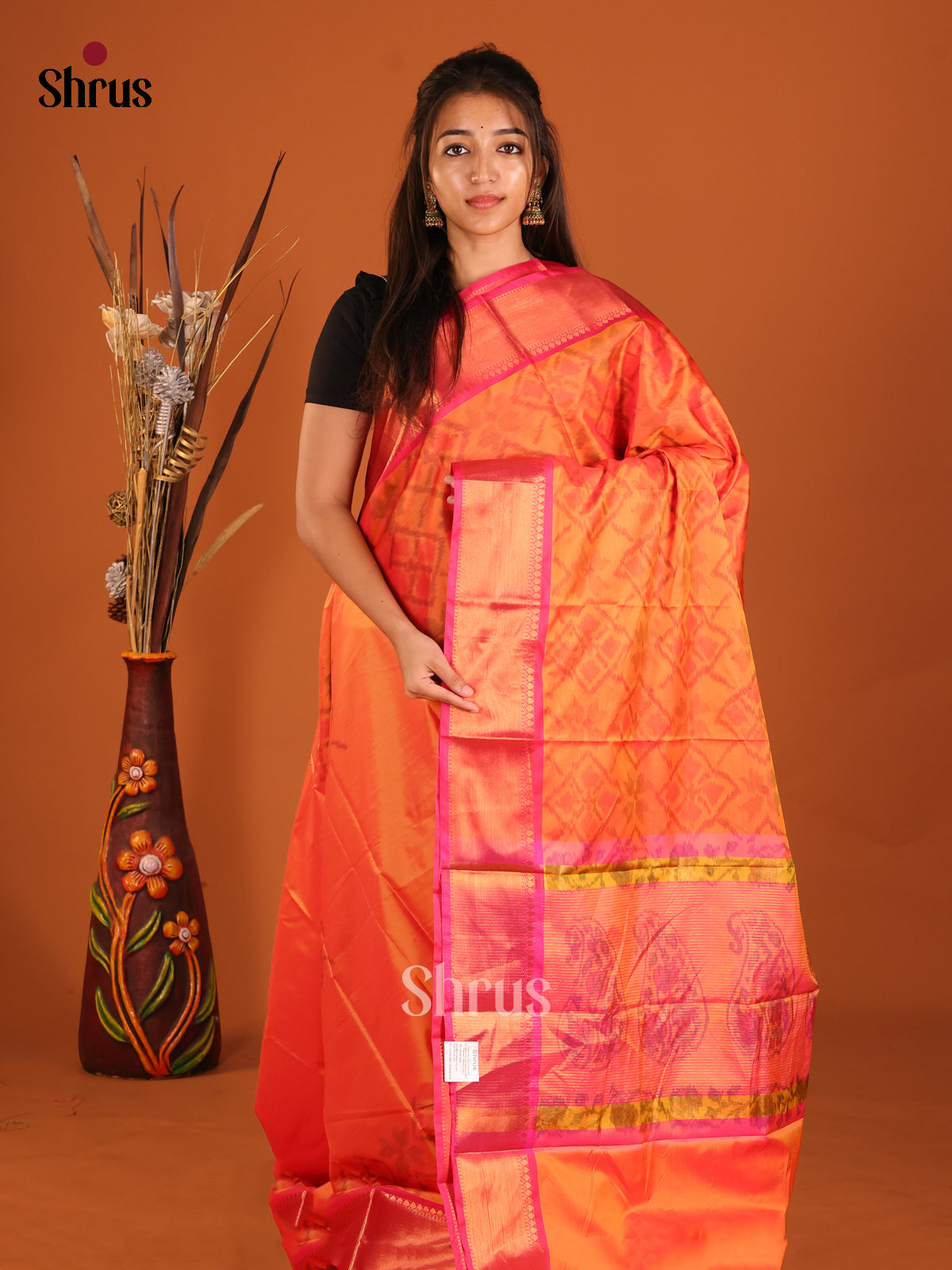 Orange & Pink- Semi Pochampally Saree - Shop on Shrus.com
