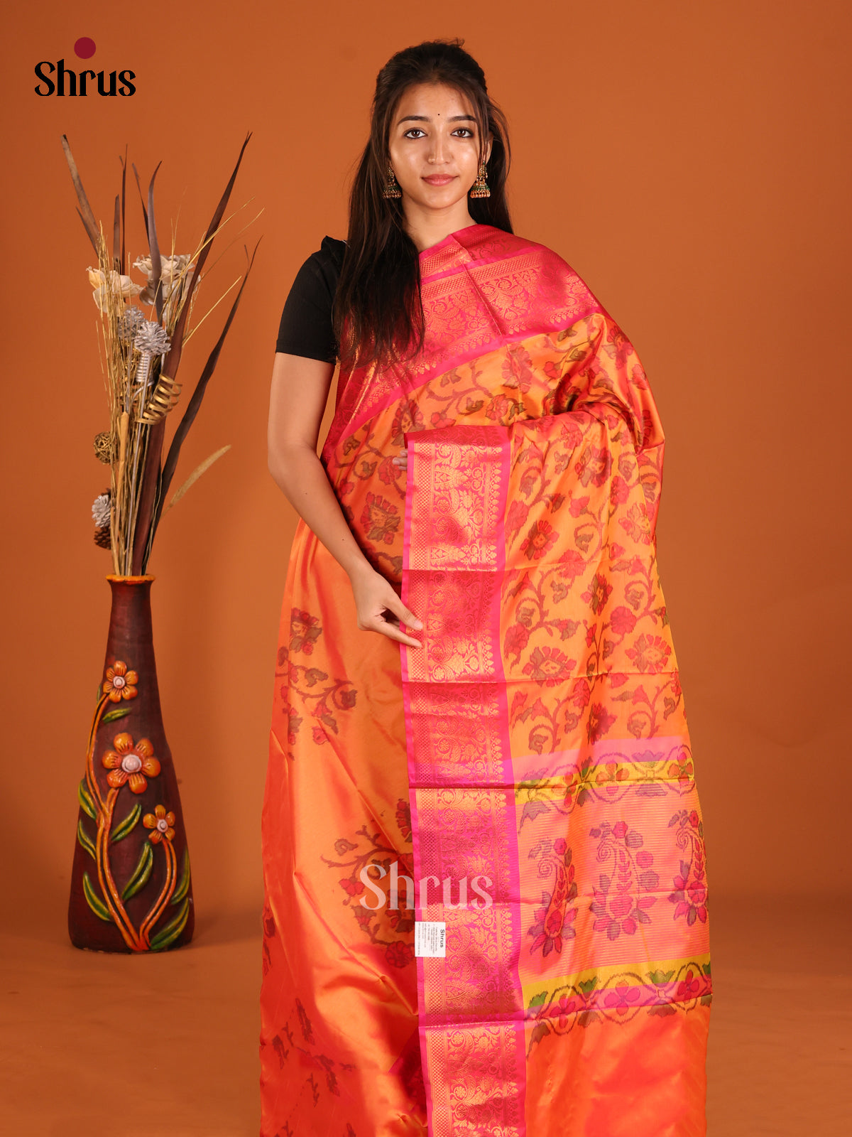 Orange & Pink - Semi Pochampally Saree - Shop on Shrus.com