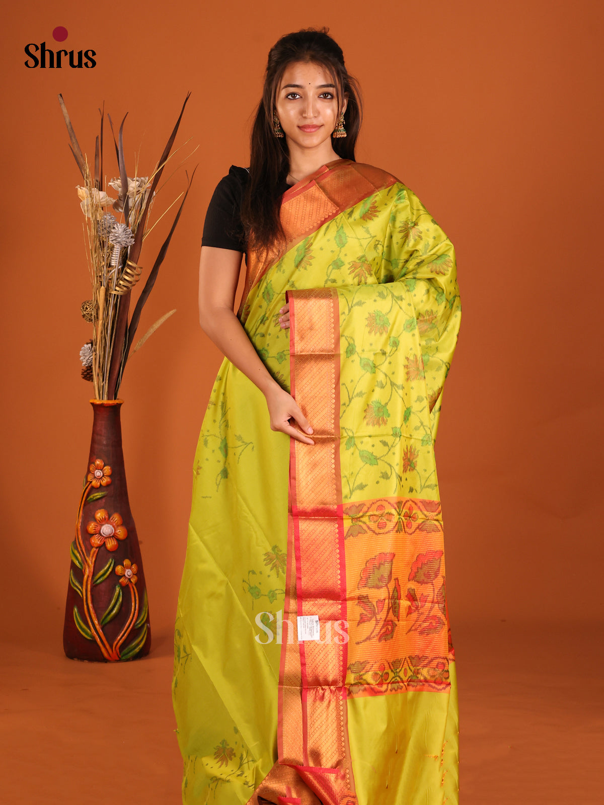 Light Green & Orange - Semi Pochampally Saree - Shop on Shrus.com