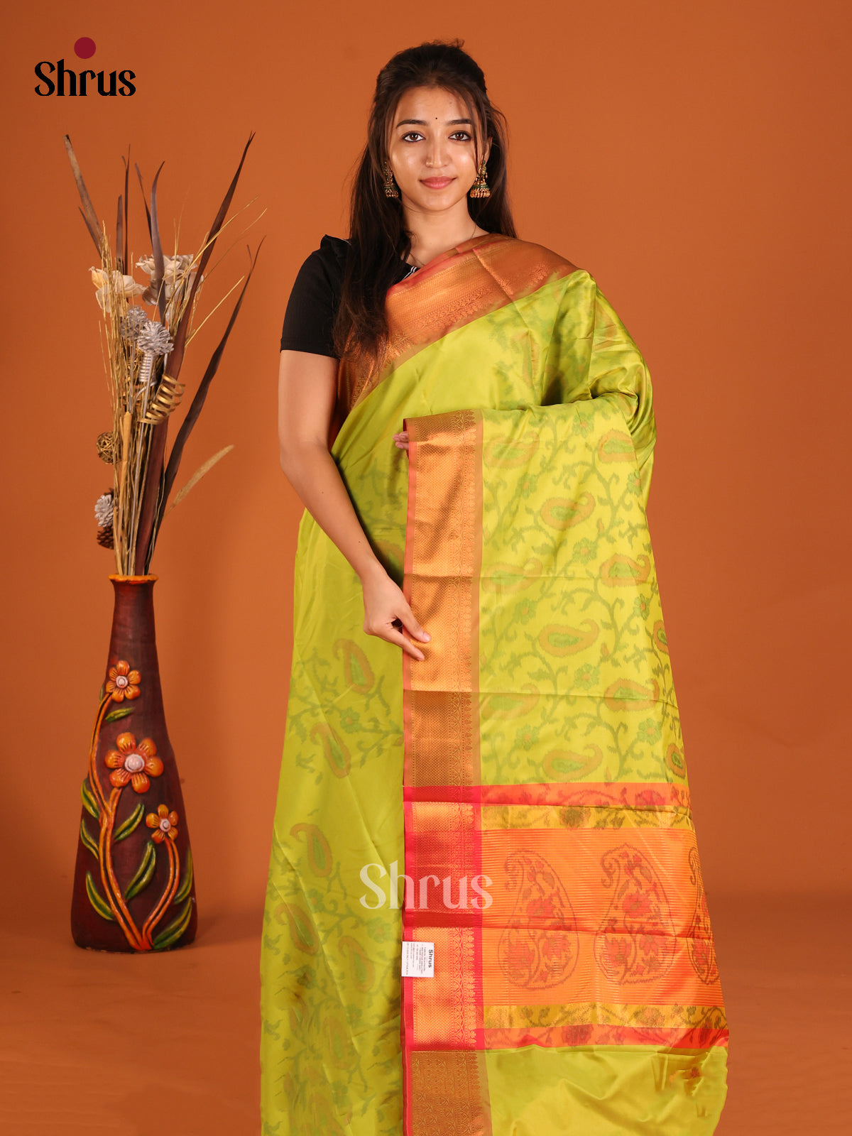Light Green & Orange - Semi Pochampally Saree - Shop on Shrus.com