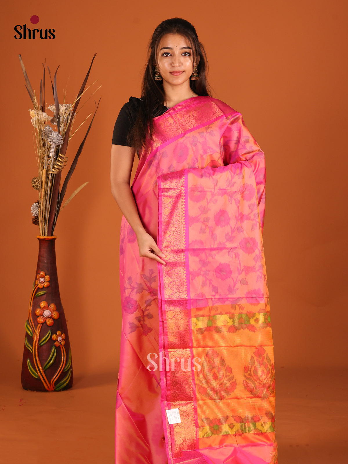Pink & Orange - Semi Pochampally Saree - Shop on Shrus.com
