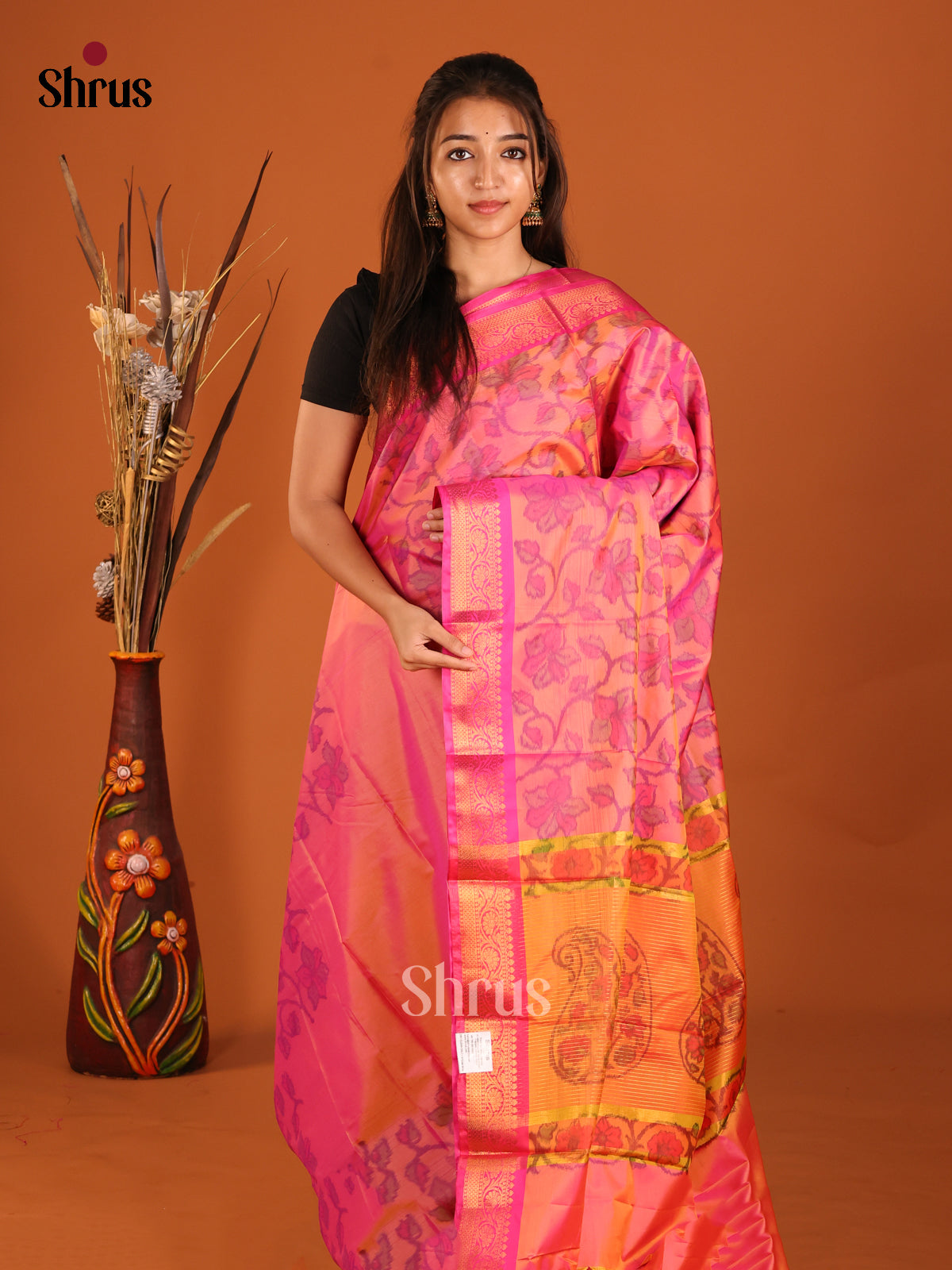 Pink & Orange - Semi Pochampally Saree - Shop on Shrus.com