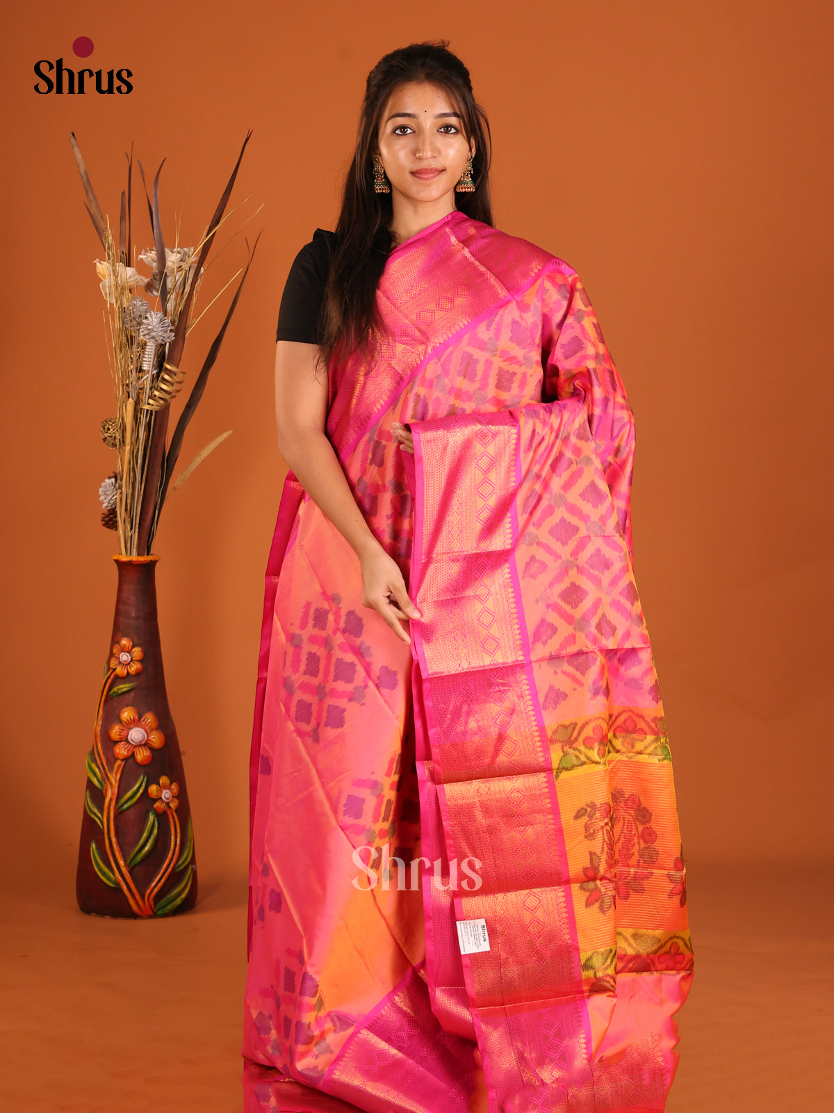 Pink & Orange- Semi Pochampally Saree - Shop on Shrus.com